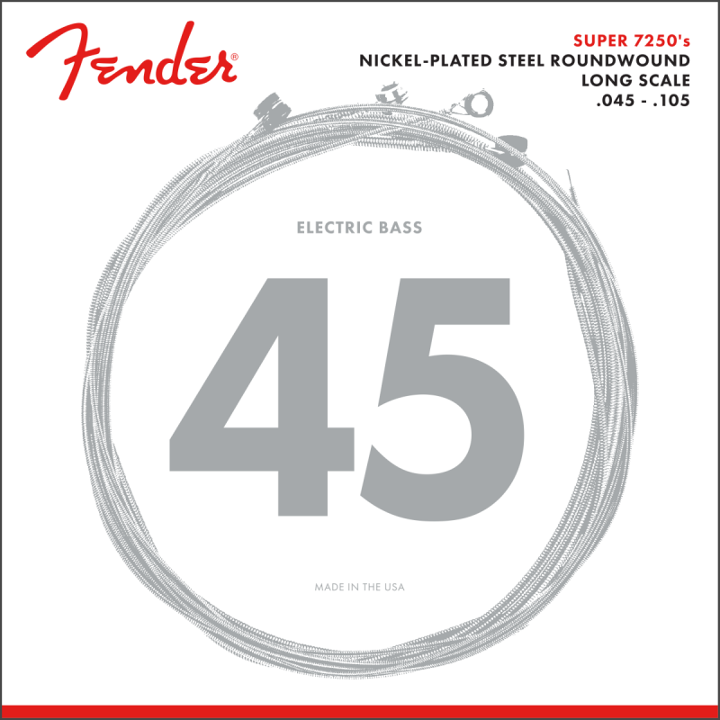 Fender 7250 Bass Strings, Nickel Plated Steel, Long Scale, 7250M .045-.105 Gauges, (4) - 1