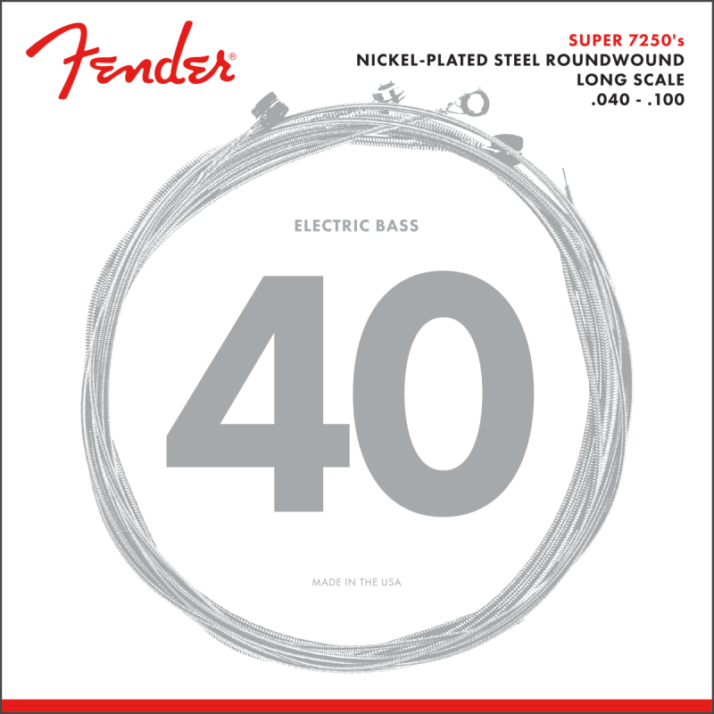 Fender 7250 Bass Strings, Nickel Plated Steel, Long Scale, 7250L .040-.100 Gauges, (4) - 1