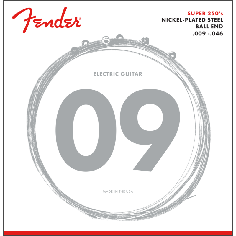 Fender Super 250 Guitar Strings, Nickel Plated Steel, Ball End, 250LR Gauges .009-.046, (6) - 1