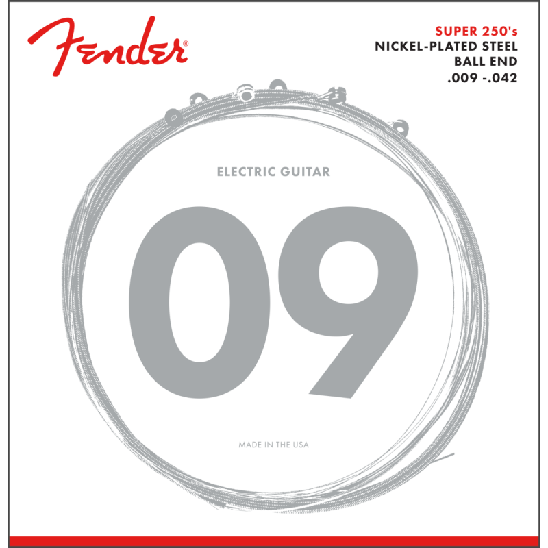 Fender Super 250 Guitar Strings, Nickel Plated Steel, Ball End, 250L Gauges .009-.042, (6) - 1
