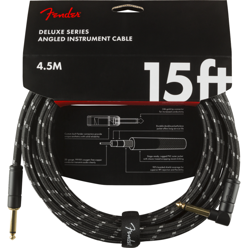 Fender Deluxe Series Instrument Cable, Straight/Angle, 15' Black Tweed - 4 Fender Deluxe Series Instrument Cable, Straight/Angle, 15' Black Tweed - 4