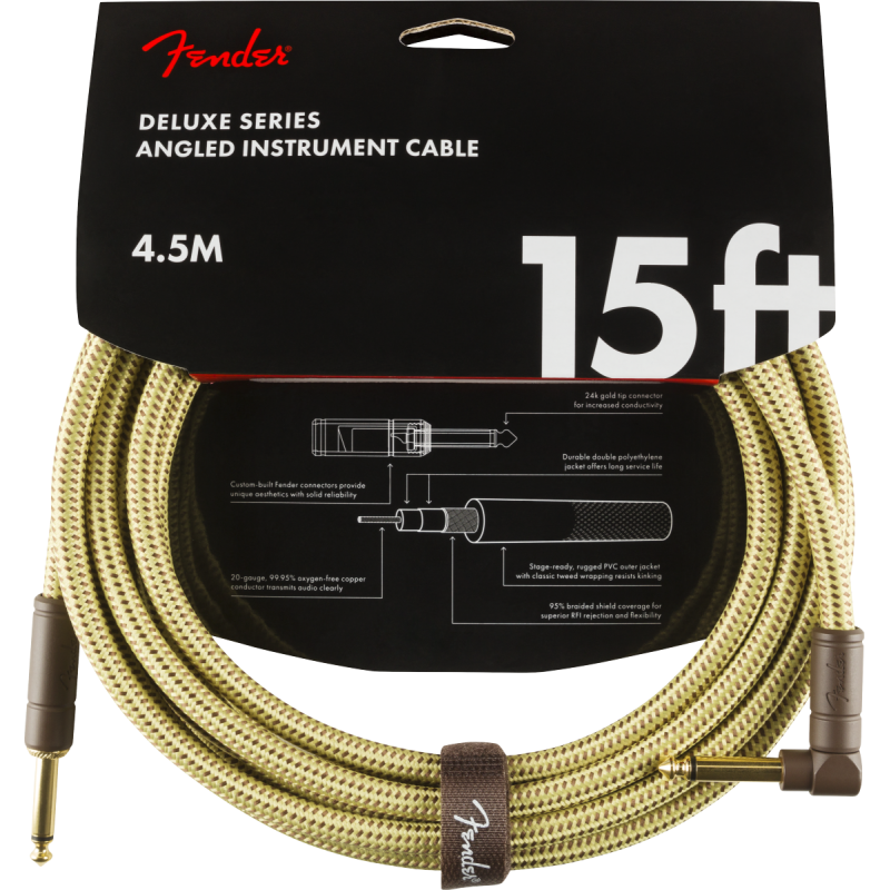 Fender Deluxe Series Instrument Cable, Straight/Angle, 15', Tweed - 4