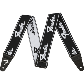 Fender WeighLess™ 2" Running Logo Strap, Black/White - 1