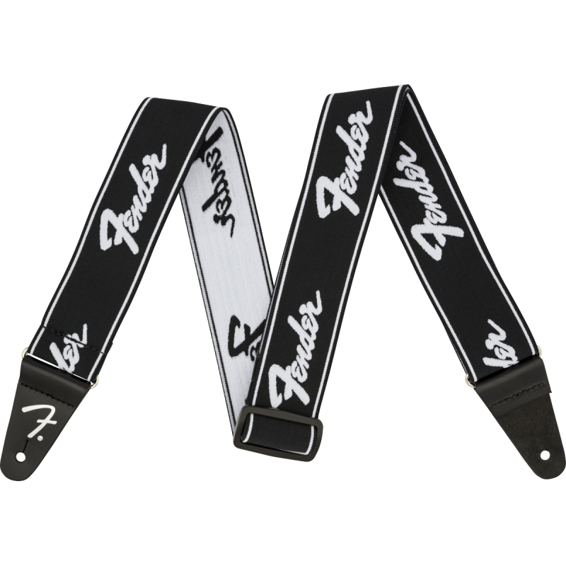 Fender WeighLess™ 2" Running Logo Strap, Black/White - 1