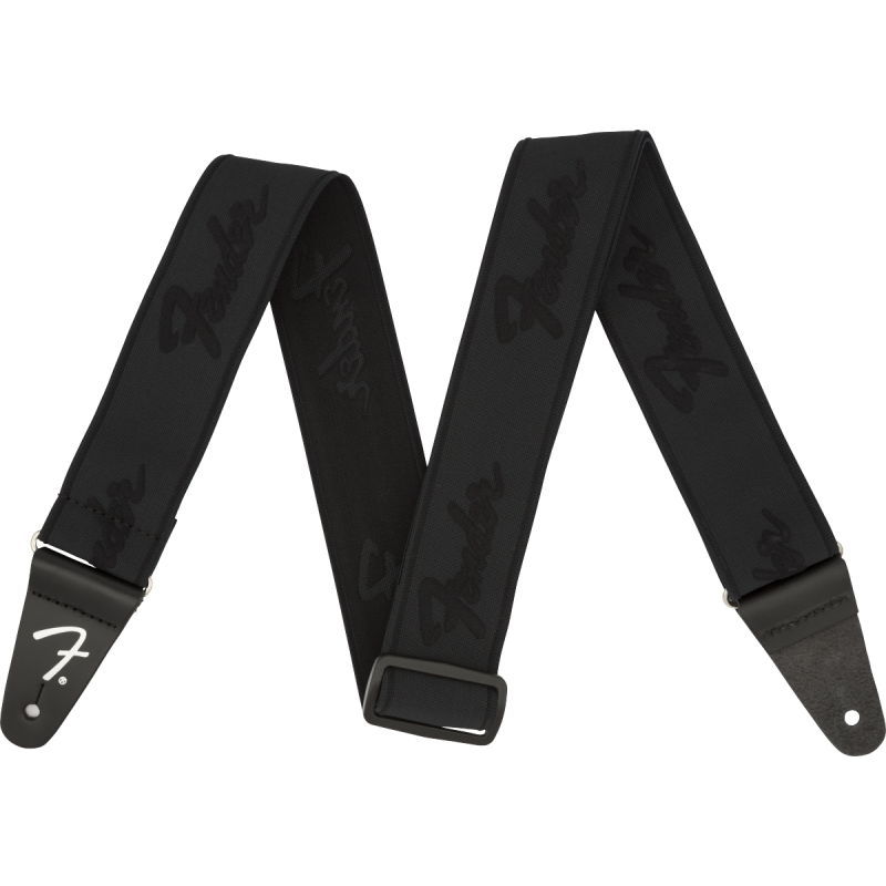 Fender WeighLess 2" Running Logo Strap, Black/Black - 1 Fender WeighLess 2" Running Logo Strap, Black/Black - 1