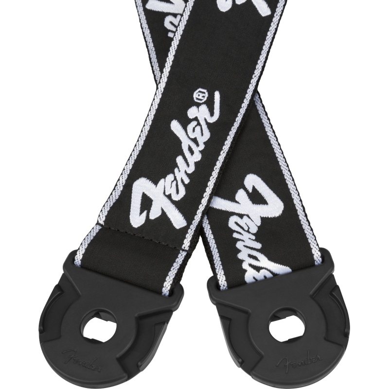 Fender Quick Grip Locking End Strap, Black with White Running Logo, 2" - 3 Fender Quick Grip Locking End Strap, Black with White Running Logo, 2" - 3