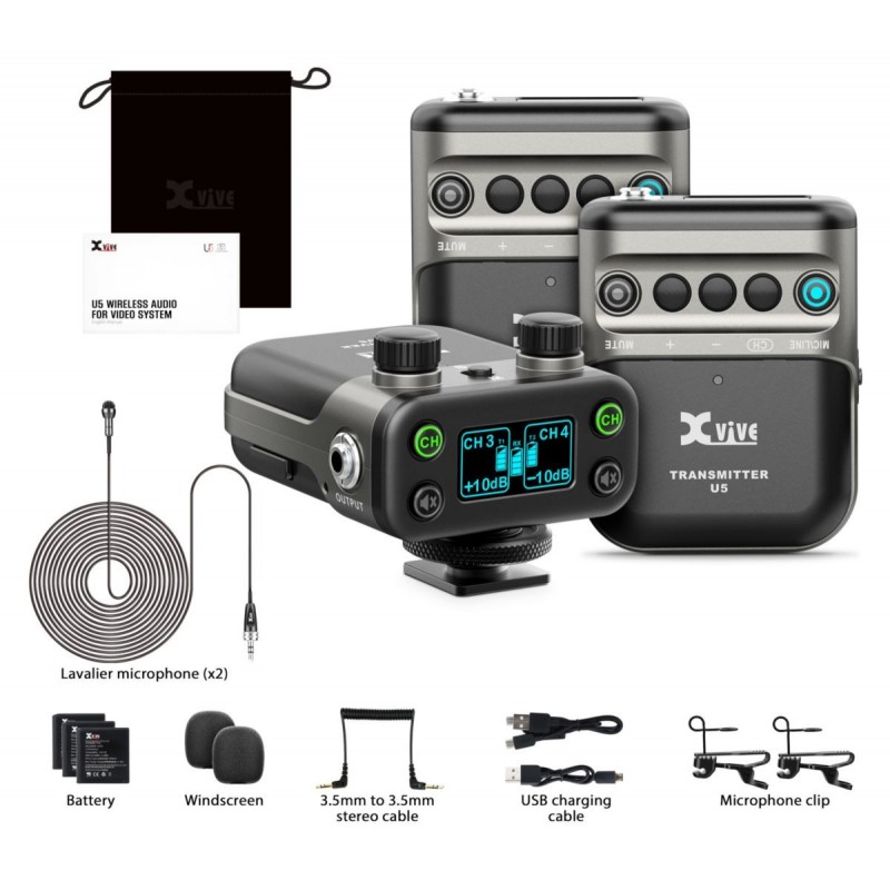 XVive U5 Wireless Audio System with Lavalier Microphone - Bundle, 2x Transmitter + 1x Receiver - 9