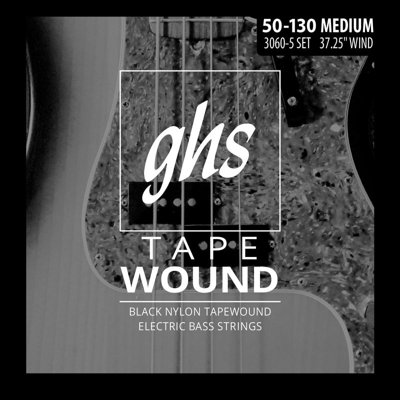 GHS 3060-5 Tape Wound - Electric Bass String Set, 5-String, Medium .050-130 - Black Nylon Tape Wound - 1