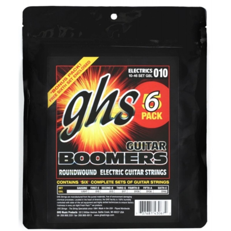 GHS Guitar Boomers - GBL - Electric Guitar String Set, Light, .010-.046, 6-Pack - 1 GHS Guitar Boomers - GBL - Electric Guitar String Set, Light, .010-.046, 6-Pack - 1