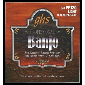 GHS Professional - PF120 - Banjo String Set, 6-String, Loop End, Stainless Steel, Light, .011-.042 - 1