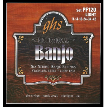 GHS Professional - PF120 - Banjo String Set, 6-String, Loop End, Stainless Steel, Light, .011-.042 - 1