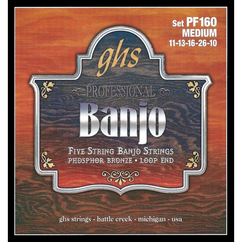 GHS Professional - PF160 - Banjo String Set, 5-String, Loop End, Phosphor Bronze, Medium, .010-.022 - 1 GHS Professional - PF160 - Banjo String Set, 5-String, Loop End, Phosphor Bronze, Medium, .010-.022 - 1