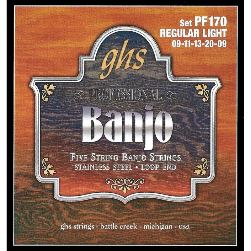 GHS Professional - PF170 - Banjo String Set, 5-String, Loop End, Stainless Steel, Regular Light, .009-.020 - 1 GHS Professional - PF170 - Banjo String Set, 5-String, Loop End, Stainless Steel, Regular Light, .009-.020 - 1