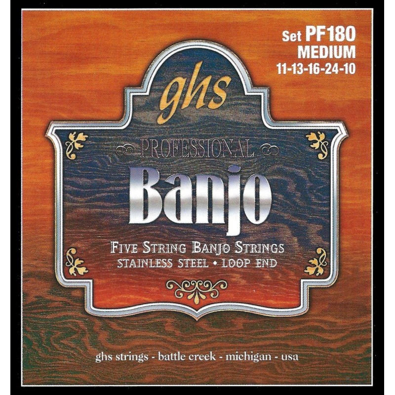 GHS Professional - PF180 - Banjo String Set, 5-String, Loop End, Stainless Steel, Medium, .011-.024 - 1 GHS Professional - PF180 - Banjo String Set, 5-String, Loop End, Stainless Steel, Medium, .011-.024 - 1