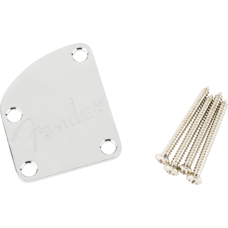 Fender 4-Bolt Deluxe Series Contoured Neck Plate w/Logo, (Chrome) - 1 Fender 4-Bolt Deluxe Series Contoured Neck Plate w/Logo, (Chrome) - 1