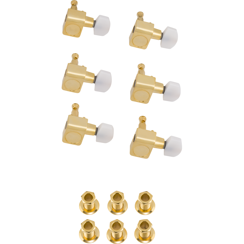 Fender Deluxe Cast/Sealed Guitar Tuning Machines with Pearl Buttons (Set of 6), Gold - 1 Fender Deluxe Cast/Sealed Guitar Tuning Machines with Pearl Buttons (Set of 6), Gold - 1