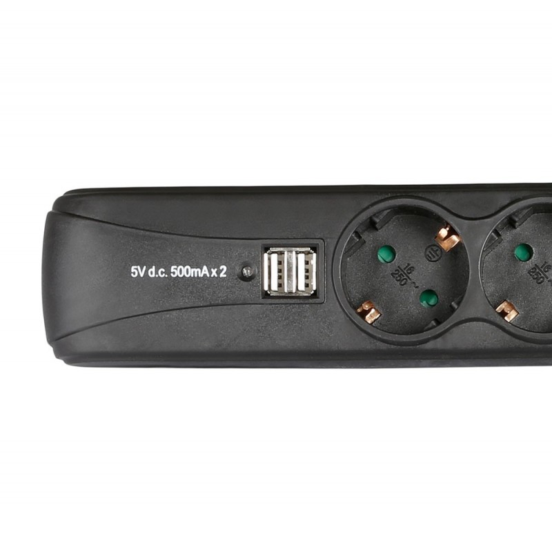 Adam Hall Accessories 8747 S 3 USB - 3-gniazdkowa listwa zasilająca z włącznikiem i 2 gniazdami do ładowania USB - 3