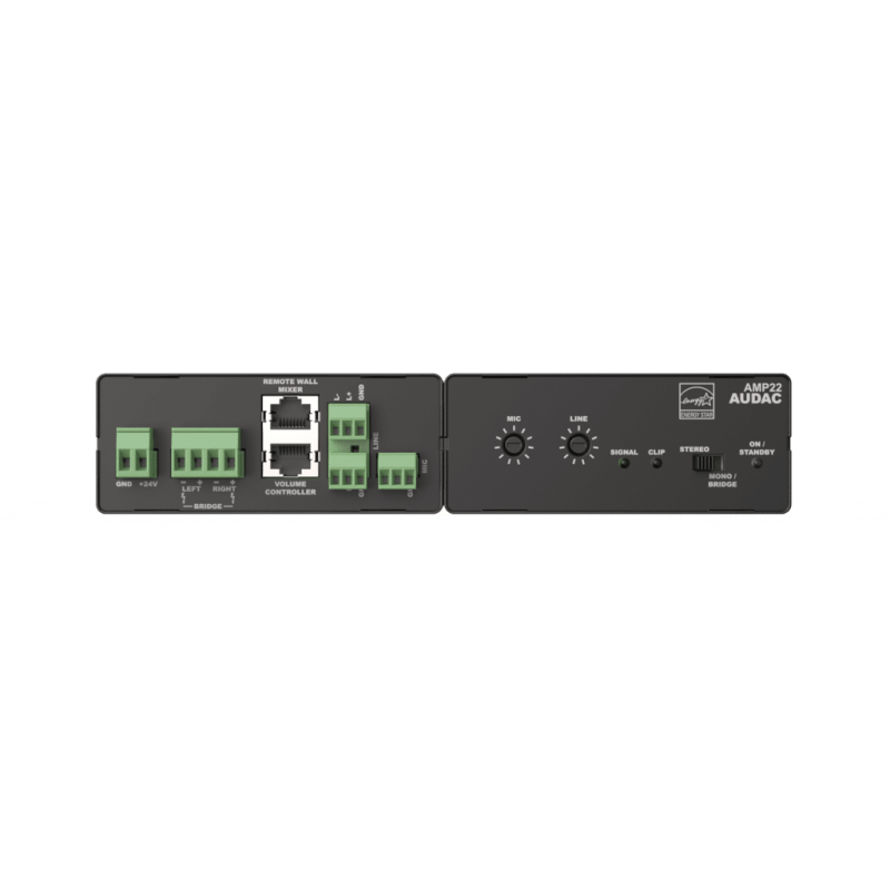 AUDAC AMP22 - mini wzmacniacz stereo 2 x 15W - zbalansowane wejście liniowe i mikrofonowe + WP2xx - 4