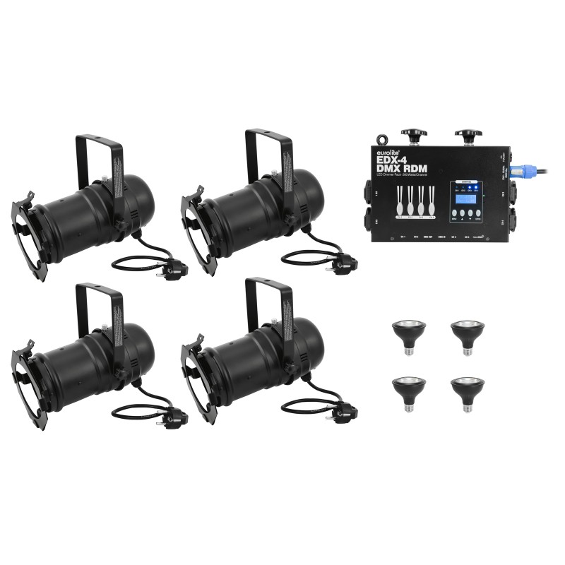 EUROLITE Set 4x PAR-30 Spot sw dim2warm + EDX-4 DMX RDM LED Dimmer pack - 1 EUROLITE Set 4x PAR-30 Spot sw dim2warm + EDX-4 DMX RDM LED Dimmer pack - 1