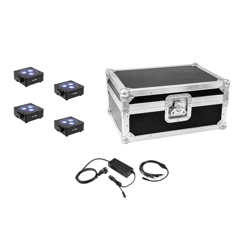 EUROLITE zestaw reflektorów na akumulator 4x AKKU Flat Light 3 BK + ładowarka + skrzynia - 1 EUROLITE zestaw reflektorów na akumulator 4x AKKU Flat Light 3 BK + ładowarka + skrzynia - 1