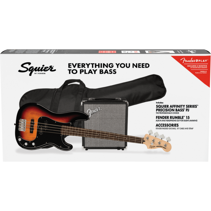 Squier Affinity Precision Bass PJ PackLF 3-Color SB Gig Bag Rumble 15 - zestaw basowy - 3