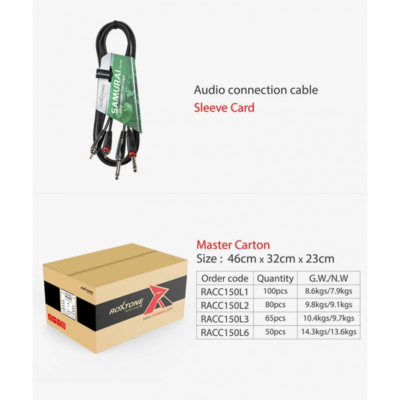 Kabel audio 2 x RCA / 2 x Jack 6.3mm mono 1m Roxtone RACC150L1 - 4 - Kable Jack - RCA - Kabel audio 2 x RCA / 2 x Jack 6.3mm mon