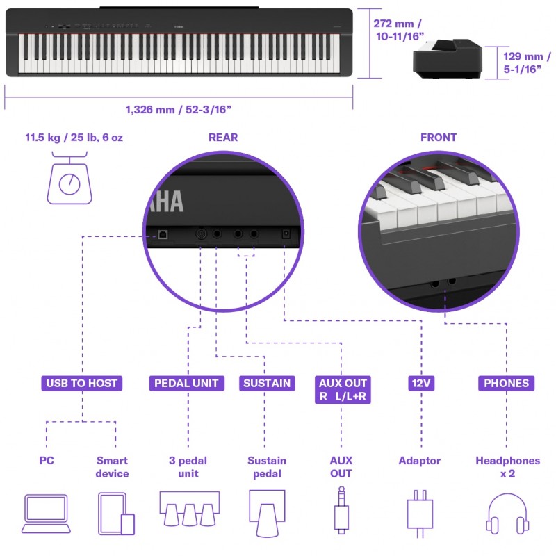 Pianino cyfrowe Yamaha P225 BK + okrycie przeciwkurzowe Pianino cyfrowe Yamaha P225 BK + okrycie przeciwkurzowe