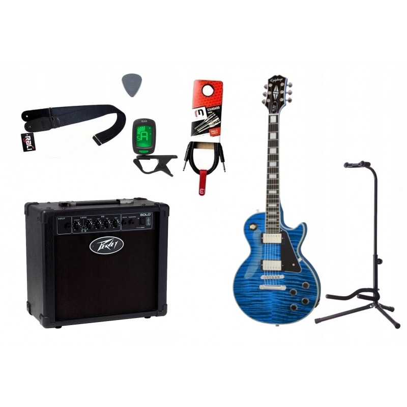 Gitara elektryczna Epiphone Les Paul Custom Figured + wzmacniacz 12W + tuner + statyw w zestawie Gitara elektryczna Epiphone Les Paul Custom Figured + wzmacniacz 12W + tuner + statyw w zestawie