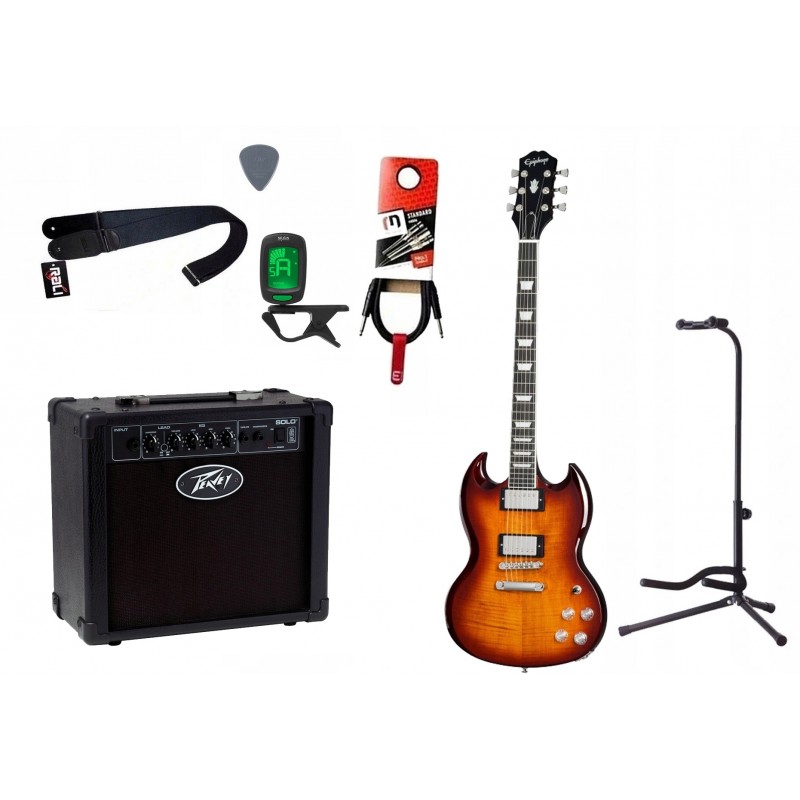 Gitara elektryczna Epiphone SG Modern Figured + wzmacniacz 12W + tuner + statyw w zestawie Gitara elektryczna Epiphone SG Modern Figured + wzmacniacz 12W + tuner + statyw w zestawie