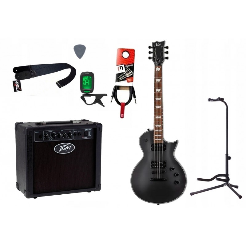 Gitara elektryczna LTD EC 256 BLKS + wzmacniacz 12W + tuner + statyw w zestawie