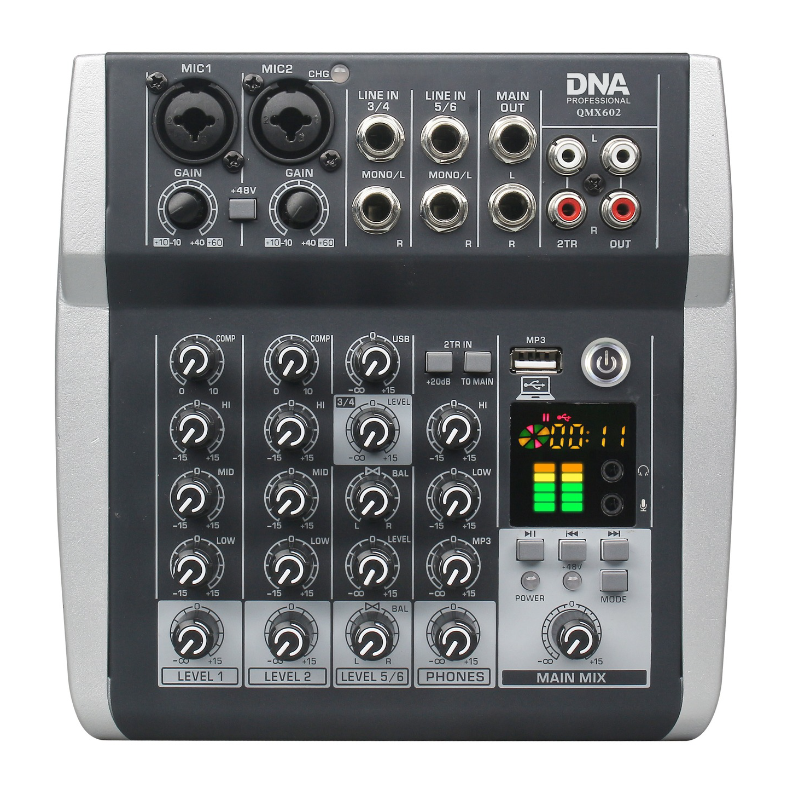 DNA QMX602 mikser analogowy dźwięku 6 kanałów BT USB MP3 Phantom +48V - 1 - Miksery analogowe - DNA QMX602 to profesjonalny, ana