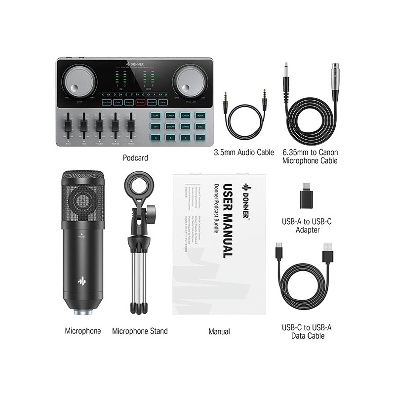 DONNER PODCAST BUNDLE - Zestaw podcast z mikrofonem - 1 - Mikrofony studyjne - Zestaw do podcastu, mikser audio (Podcard), mikro DONNER PODCAST BUNDLE - Zestaw podcast z mikrofonem - 1 - Mikrofony studyjne - Zestaw do podcastu, mikser audio (Podcard), mikro