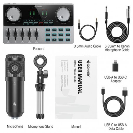 DONNER PODCAST BUNDLE - Zestaw podcast z mikrofonem - 1 - Mikrofony studyjne - Zestaw do podcastu, mikser audio (Podcard), mikro