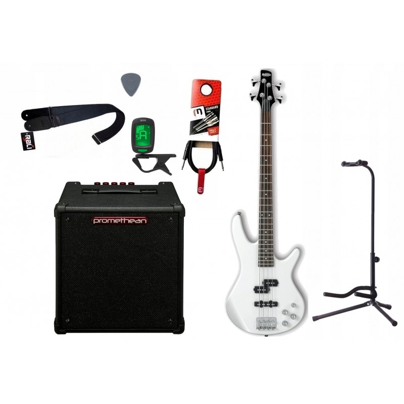 Gitara basowa Ibanez GSR200-PW + Wzmacniacz 20W + Kabel + Tuner + Statyw Gitara basowa Ibanez GSR200-PW + Wzmacniacz 20W + Kabel + Tuner + Statyw