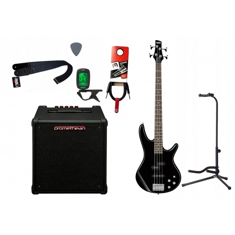 Gitara basowa Ibanez GSR200-BK + Wzmacniacz 20W + Kabel + Tuner + Statyw Gitara basowa Ibanez GSR200-BK + Wzmacniacz 20W + Kabel + Tuner + Statyw