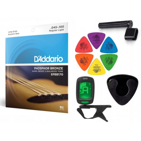 Struny D'Addario EPBB170 do basu akustycznego w zestawie korbka + tuner + 6 kostek + pojemnik
