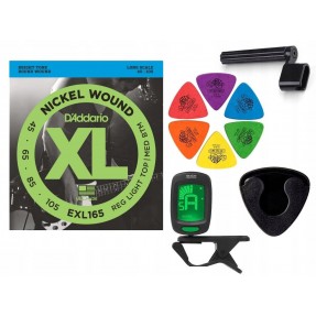 Struny D'Addario EXL165 do gitary basowej w zestawie korbka + tuner + 6 kostek + pojemnik