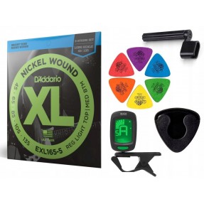 Struny D'Addario EXL165-5 do gitary basowej w zestawie korbka + tuner + 6 kostek + pojemnik
