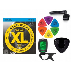 Struny D'Addario EXL180 do gitary basowej w zestawie korbka + tuner + 6 kostek + pojemnik