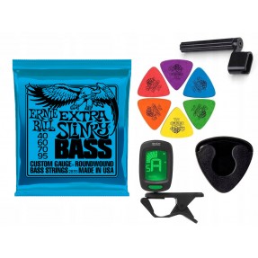 Struny Ernie Ball 2835 do gitary basowej w zestawie korbka + tuner + 6 kostek + pojemnik