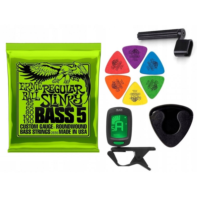 Struny Ernie Ball 2836 do gitary basowej w zestawie korbka + tuner + 6 kostek + pojemnik Struny Ernie Ball 2836 do gitary basowej w zestawie korbka + tuner + 6 kostek + pojemnik