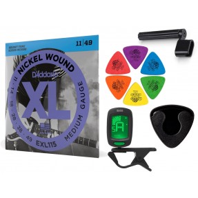 Struny D'Addario EXL115 do gitary elektrycznej w zestawie korbka + tuner + 6 kostek + pojemnik