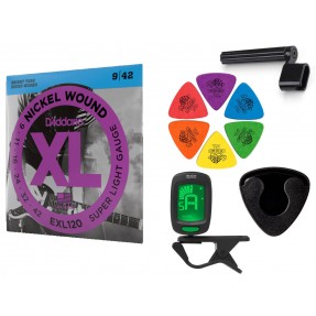 Struny D'Addario EXL120 do gitary elektrycznej w zestawie korbka + tuner + 6 kostek + pojemnik