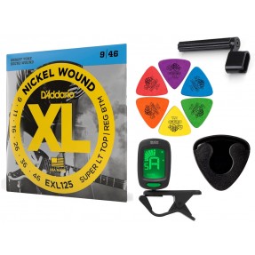 Struny D'Addario EXL125 do gitary elektrycznej w zestawie korbka + tuner + 6 kostek + pojemnik