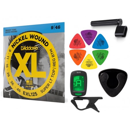 Struny D'Addario EXL125 do gitary elektrycznej w zestawie korbka + tuner + 6 kostek + pojemnik