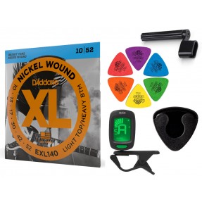 Struny D'Addario EXL140 do gitary elektrycznej w zestawie korbka + tuner + 6 kostek + pojemnik