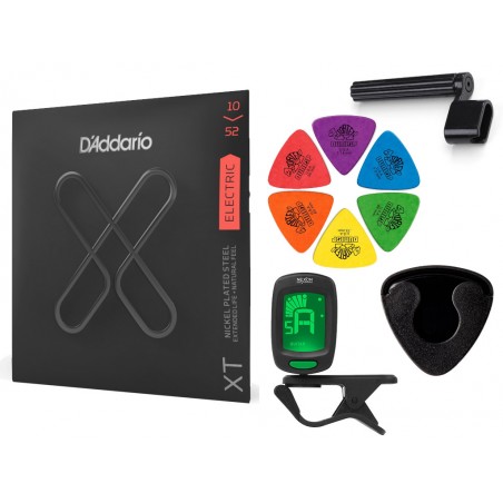 Struny D'Addario XTE1052 do gitary elektrycznej w zestawie korbka + tuner + 6 kostek + pojemnik