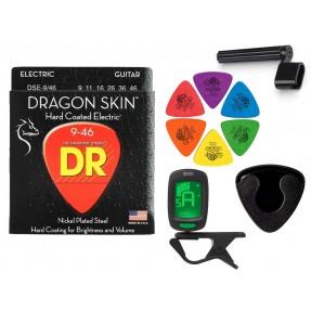Struny DR DSE 9-46 do gitary elektrycznej w zestawie korbka + tuner + 6 kostek + pojemnik