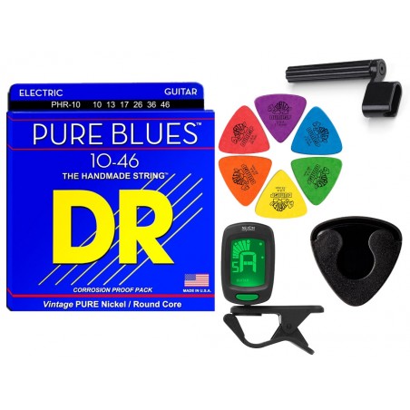 Struny DR PHR-10-46 do gitary elektrycznej w zestawie korbka + tuner + 6 kostek + pojemnik