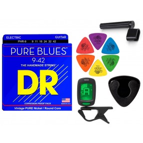 Struny DR PHR-9-42 do gitary elektrycznej w zestawie korbka + tuner + 6 kostek + pojemnik